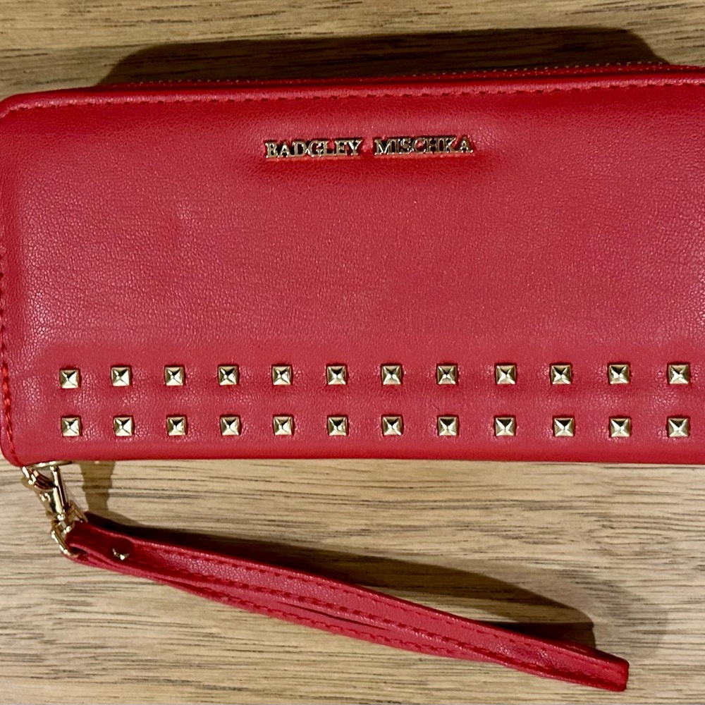 New with Tags! Badgley Mischka Red Wristlet/Wallet with Gold Studs